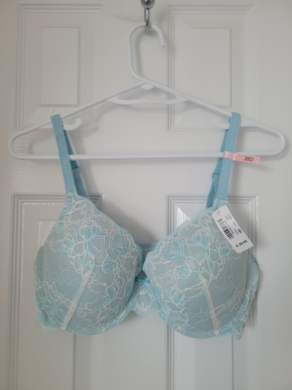 Brand New La Vie En Rose Light Blue Lace Bra with White Overlay Size 38D